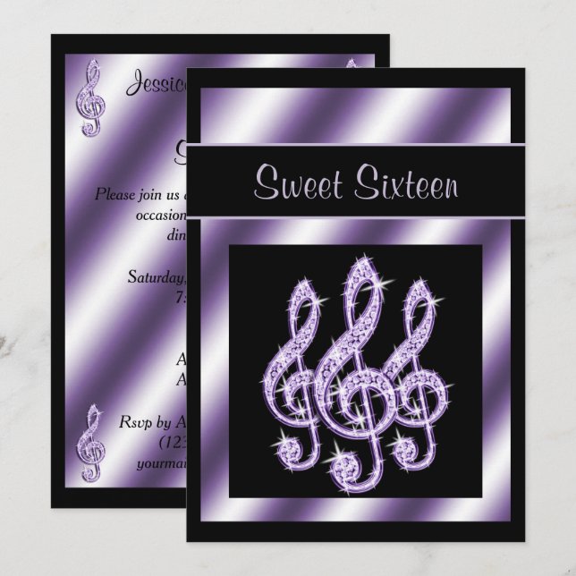 Elegant, Luscious Lilac Treble Clefs Sweet 16 Invitation (Front/Back)