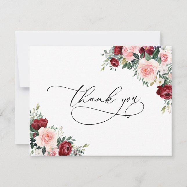 Elegant Lush Burgundy Blush Floral Wedding Thank You Card (Front)