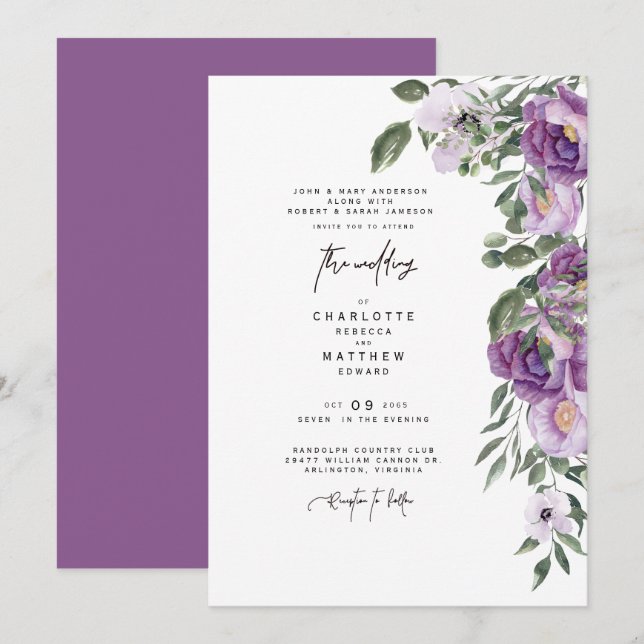 Elegant Lush Lavender Floral Both Parents Wedding  Invitation (Front/Back)