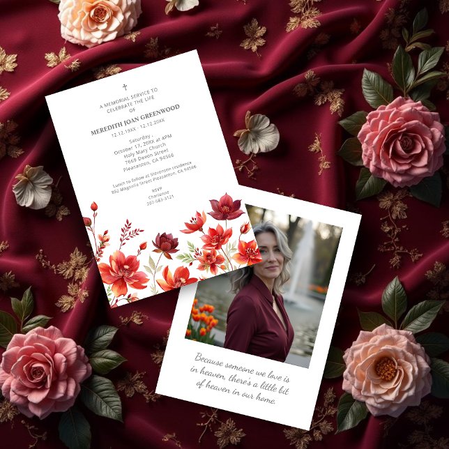 Elegant Lush Minimalist Floral In Dark Red Funeral Invitation (Elegant Lush Minimalist Floral In Dark Red Shades Funeral Invitations Cards with Back Photo. )