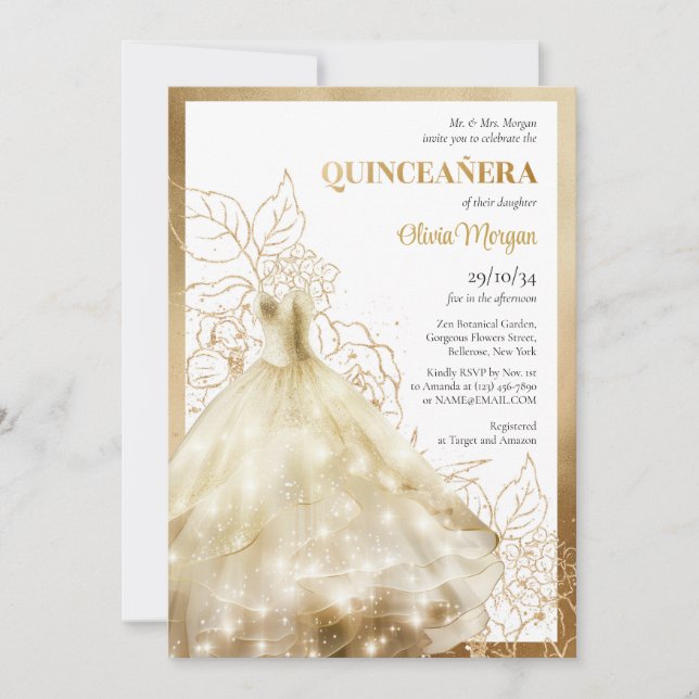 Elegant lux gold formal dress glamour Quinceañera Invitation (Front)