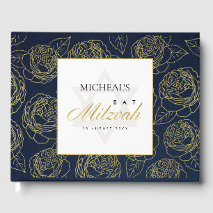 ELEGANT LUX NAVY GOLD ROSE FLORAL BAR BAT MITZVAH GUEST BOOK