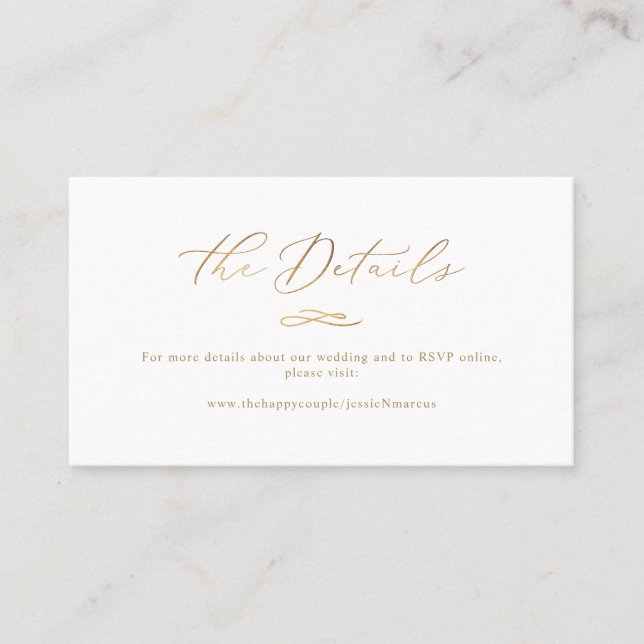 Elegant Luxe Calligraphy Faux Gold Wedding Details Business Card (Front)