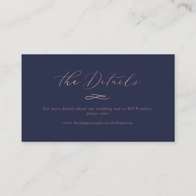 Elegant Luxe Calligraphy Rose Gold Wedding Details Business Card (Front)