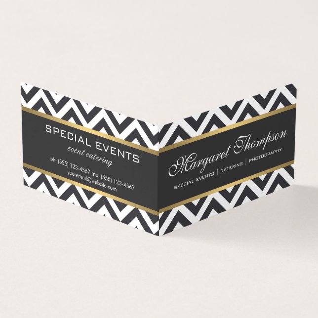 Elegant Luxe Chevron Pattern Gold Trim Business Card (Outside)