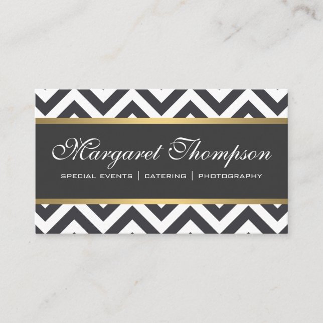 Elegant Luxe Chevron Pattern Gold Trim Business Card (Front)