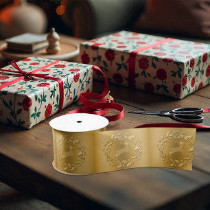 Elegant Luxe Golden Reindeer and Wreaths Christmas Satin Ribbon