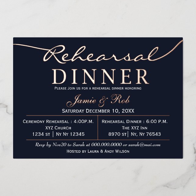 Elegant Luxe Navy Rose Gold Rehearsal Dinner  Foil (Front)
