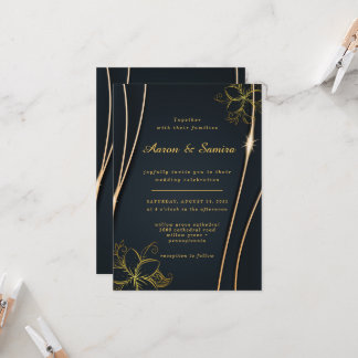 Elegant Luxurious Black and Gold Floral wedding  Invitation