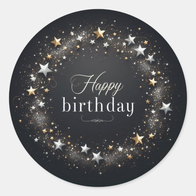 Elegant Luxurious Black Birthday sticker. Classic Round Sticker (Front)