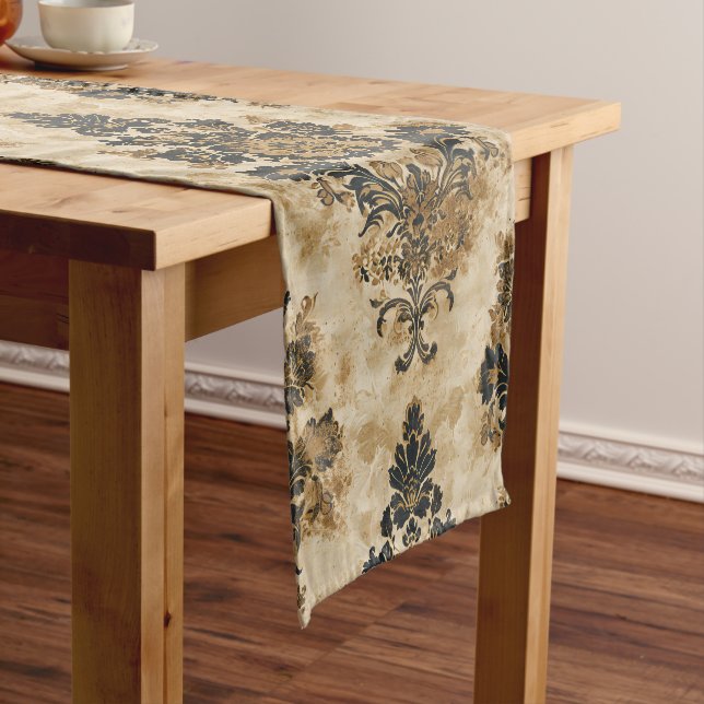 Elegant Luxurious Black Gold Beige Ivory Damask Short Table Runner (In Situ)