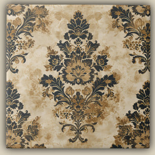 Elegant Luxurious Black Gold Beige Ivory Damask Tile