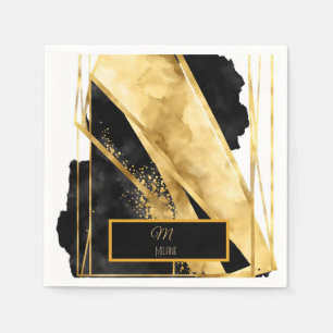 Elegant Luxurious Black Gold Monogram Modern Glam Napkin
