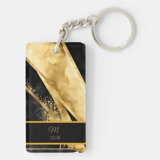 Elegant Luxurious Black Gold Monogram Wedding Key Ring (Back)