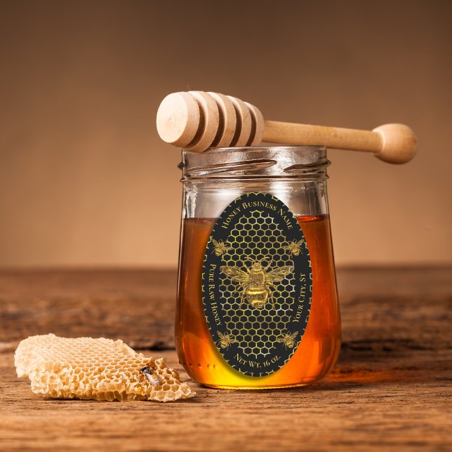 Elegant Luxurious Black Gold Queen Bee Honey Jar Oval Sticker (Creator Uploaded)