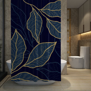 Elegant Luxurious Blue Navy Gold Leaf  Shower Curtain