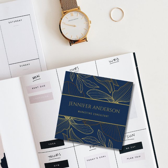 Elegant Luxurious Blue Navy Gold Wild Lily  Square Business Card (Elegant Luxurious Blue Navy Gold Wild Lily Square Business Card)