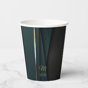 Elegant Luxurious Dark Green Gold Monogram Name Paper Cups