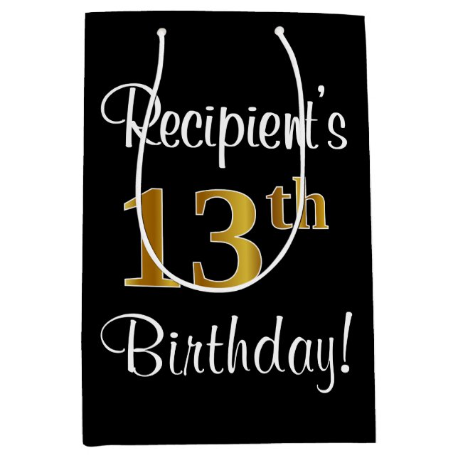 Elegant, Luxurious, Faux Gold Look 13th Birthday Medium Gift Bag (Front)