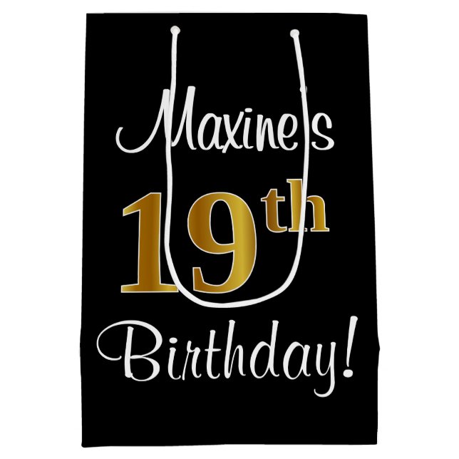 Elegant, Luxurious, Faux Gold Look 19th Birthday Medium Gift Bag (Back)
