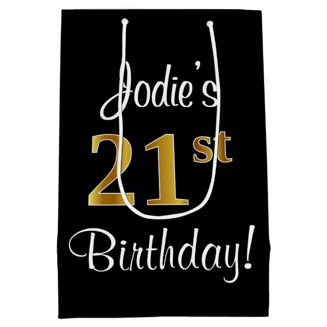 Elegant, Luxurious, Faux Gold Look 21st Birthday Medium Gift Bag (Back)