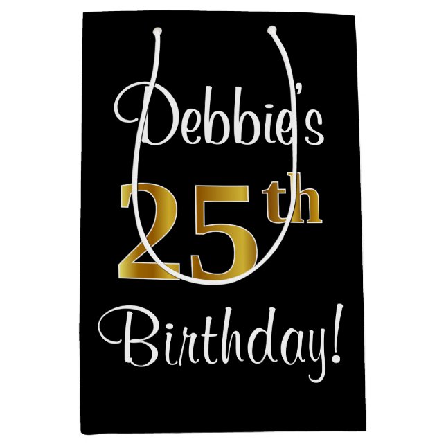 Elegant, Luxurious, Faux Gold Look 25th Birthday Medium Gift Bag (Front)