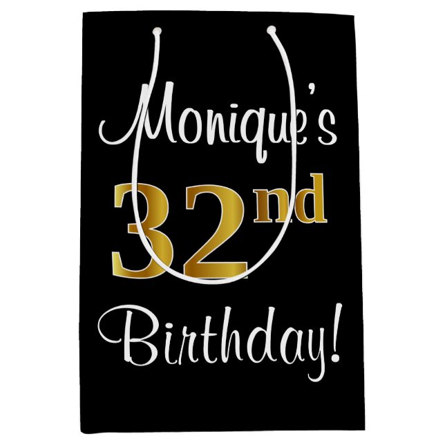 Elegant, Luxurious, Faux Gold Look 32nd Birthday Medium Gift Bag (Front)