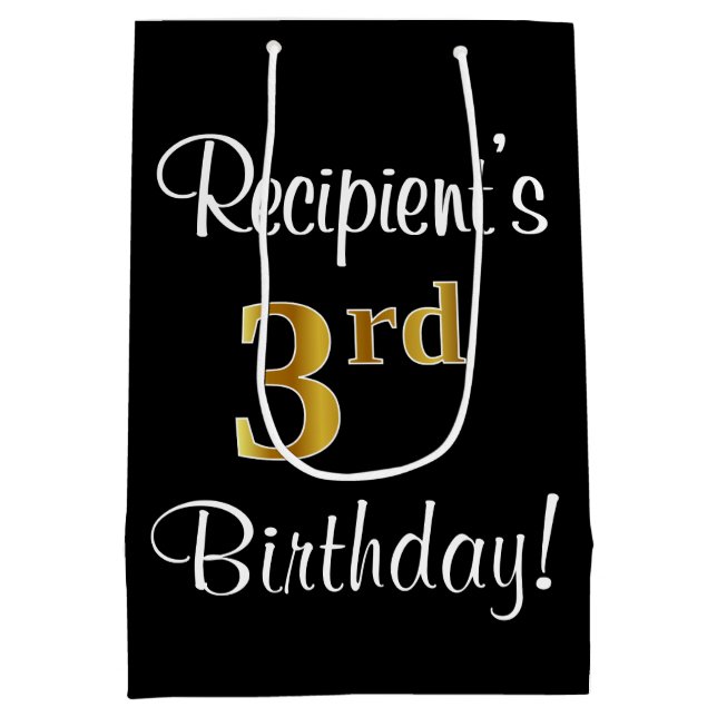 Elegant, Luxurious, Faux Gold Look 3rd Birthday Medium Gift Bag (Back)