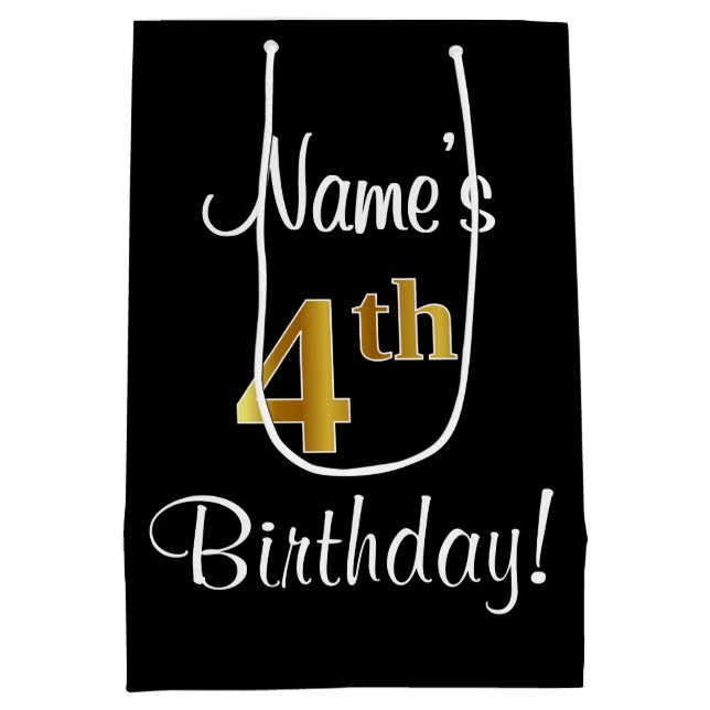 Elegant, Luxurious, Faux Gold Look 4th Birthday Medium Gift Bag (Back)