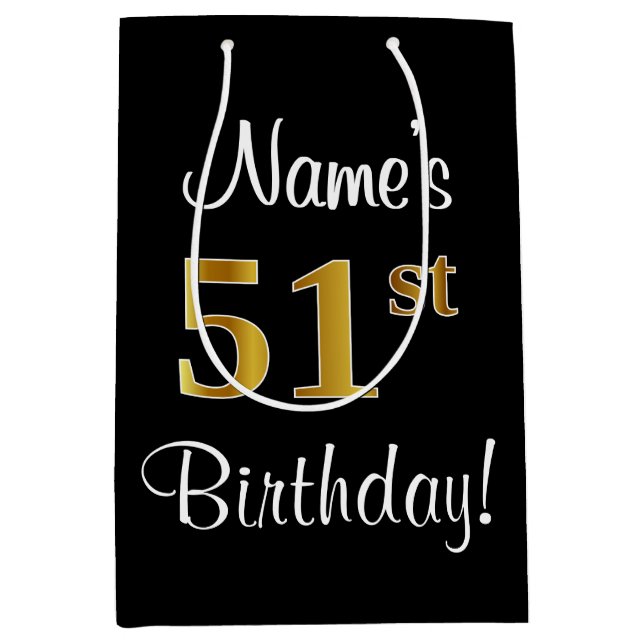 Elegant, Luxurious, Faux Gold Look 51st Birthday Medium Gift Bag (Front)