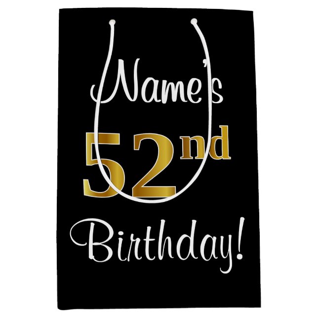 Elegant, Luxurious, Faux Gold Look 52nd Birthday Medium Gift Bag (Front)