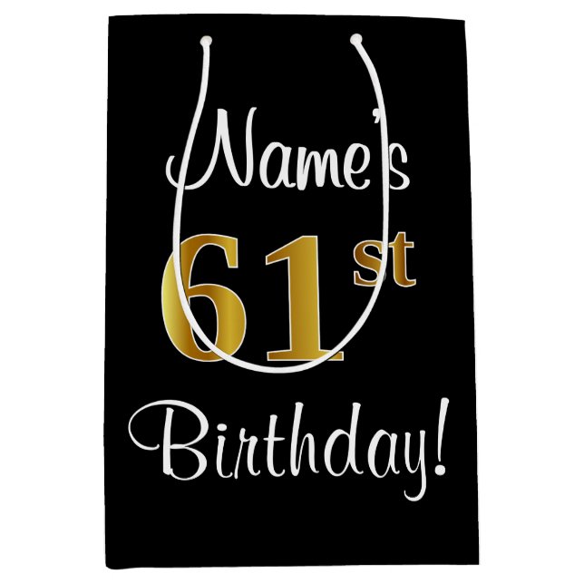 Elegant, Luxurious, Faux Gold Look 61st Birthday Medium Gift Bag (Front)