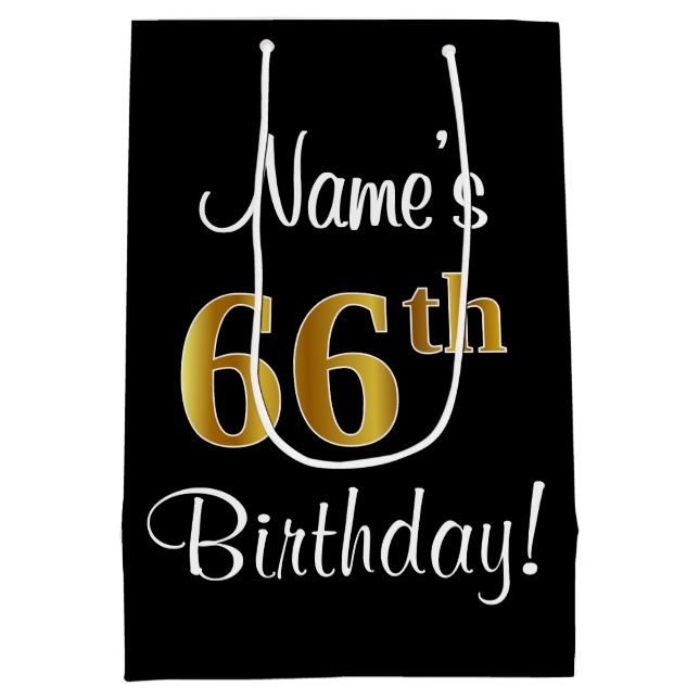 Elegant, Luxurious, Faux Gold Look 66th Birthday Medium Gift Bag (Back)
