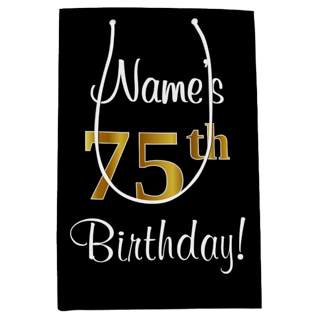 Elegant, Luxurious, Faux Gold Look 75th Birthday Medium Gift Bag (Front)