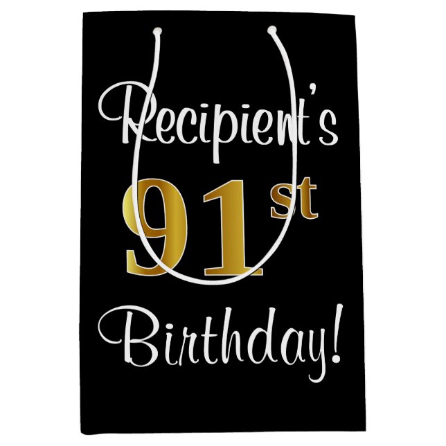 Elegant, Luxurious, Faux Gold Look 91st Birthday Medium Gift Bag (Front)