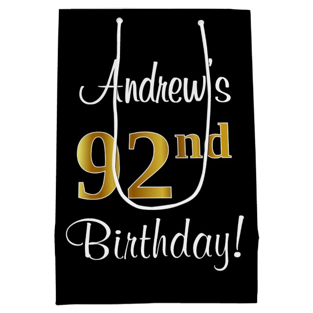 Elegant, Luxurious, Faux Gold Look 92nd Birthday Medium Gift Bag (Back)
