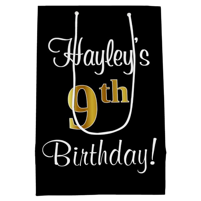 Elegant, Luxurious, Faux Gold Look 9th Birthday Medium Gift Bag (Back)