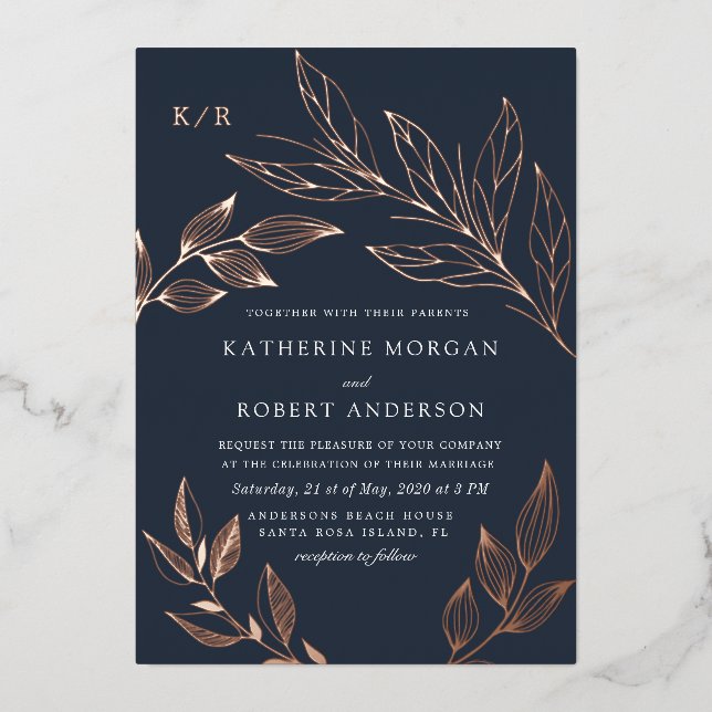 elegant luxurious foliage wedding foil invitation (Front)