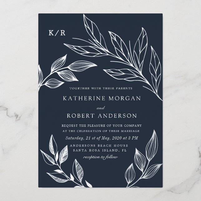 elegant luxurious foliage wedding foil invitation (Front)