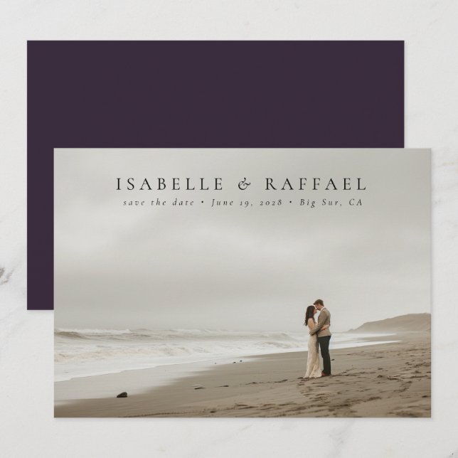 Elegant Luxurious Formal Photo Dark Purple Wedding Save The Date (Front/Back)