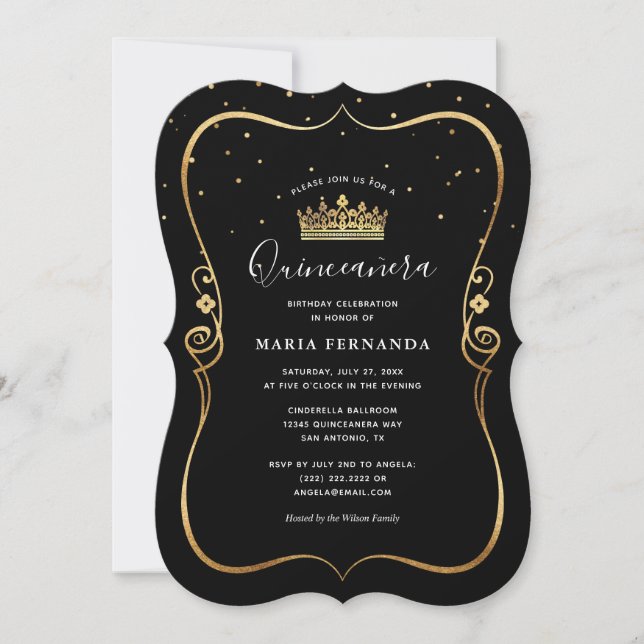 Elegant Luxurious Gold and Black Quinceanera Invitation (Front)