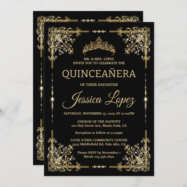 Elegant Luxurious Gold and Black Quinceanera Invitation (Front/Back)