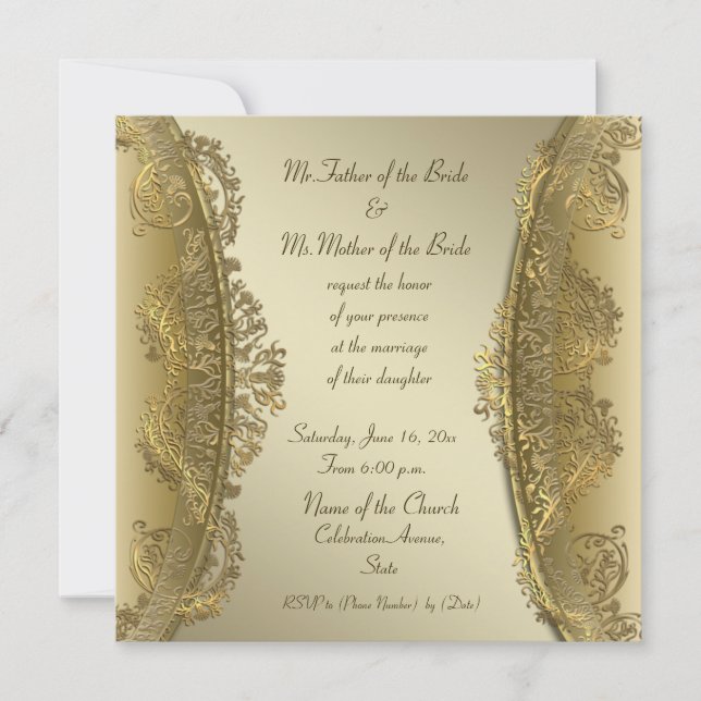 Elegant luxurious gold damask wedding invitations (Front)