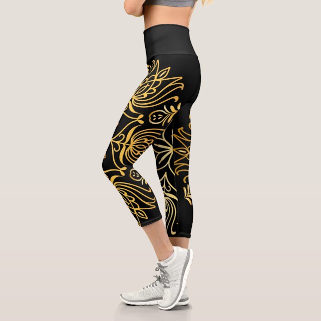 Elegant Luxurious Gold Mandala on Black Capri Legg Leggings (Left)