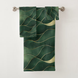 Elegant Luxurious Green and Gold Swirl Pattern Bath Towel Set