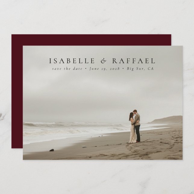 Elegant Luxurious Photo Maroon Red Wedding Save The Date (Front/Back)
