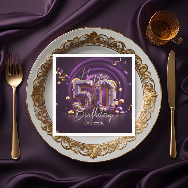 Elegant Luxurious Purple and Gold 50th Birthday Napkin (Creator Uploaded)