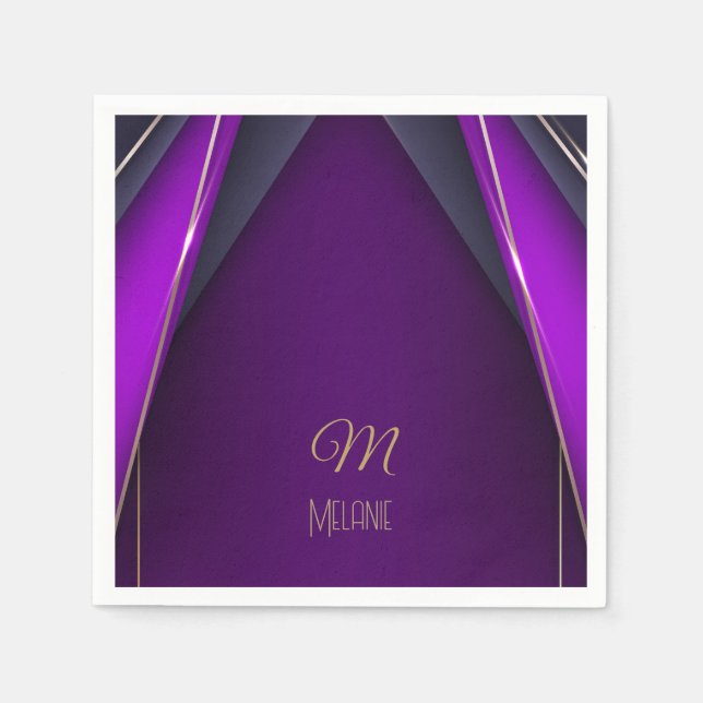 Elegant Luxurious Purple Gold Monogram Modern Glam Napkin (Front)