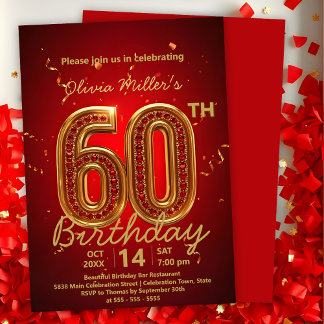 Elegant Luxurious Red and Gold 60th Birthday Invitation