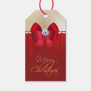 Elegant luxurious red satin bow on gold Christmas Gift Tags